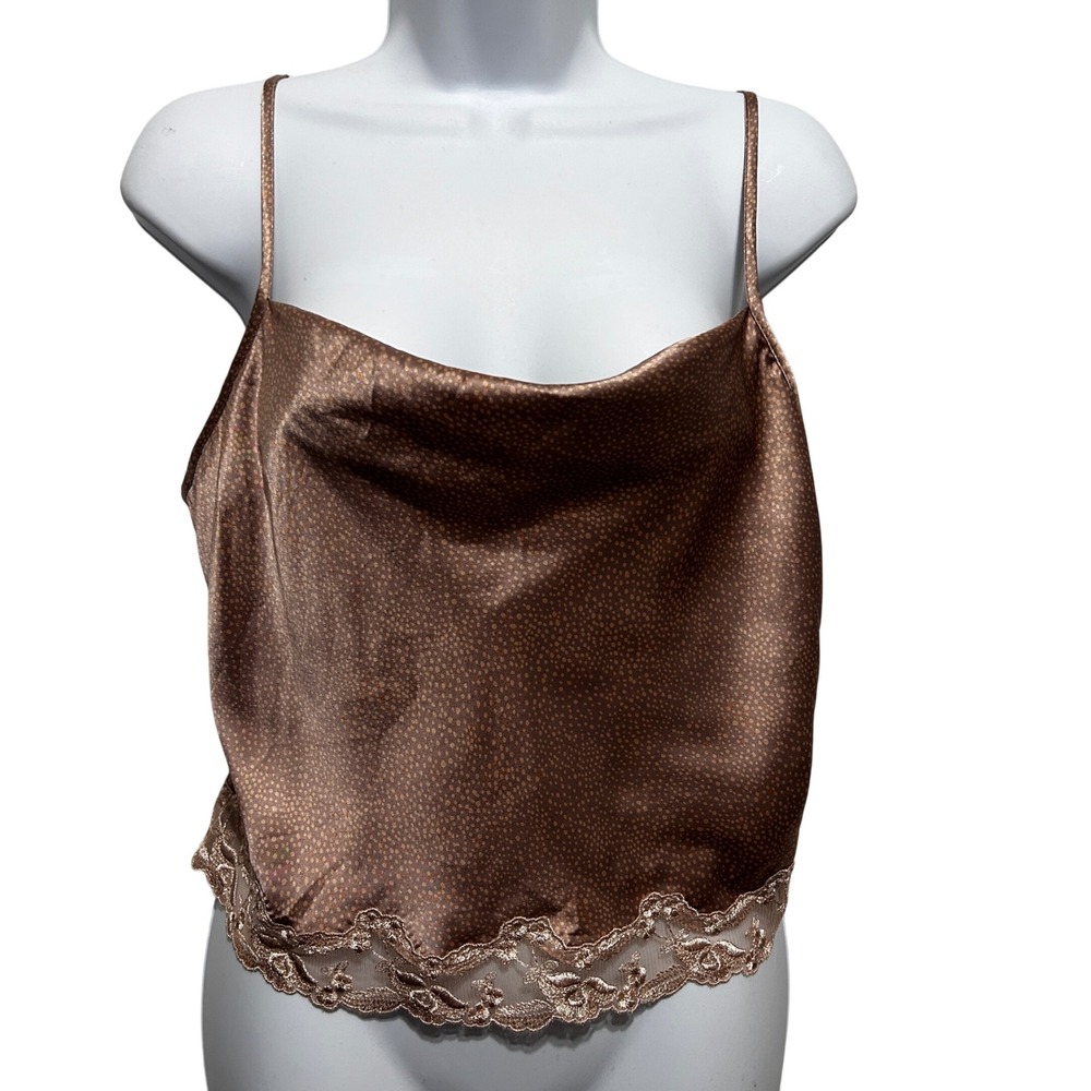 Victoria Secret Womens Satin Cami S Brown Polka Dot Lace Trim Indie Y2K Lingerie